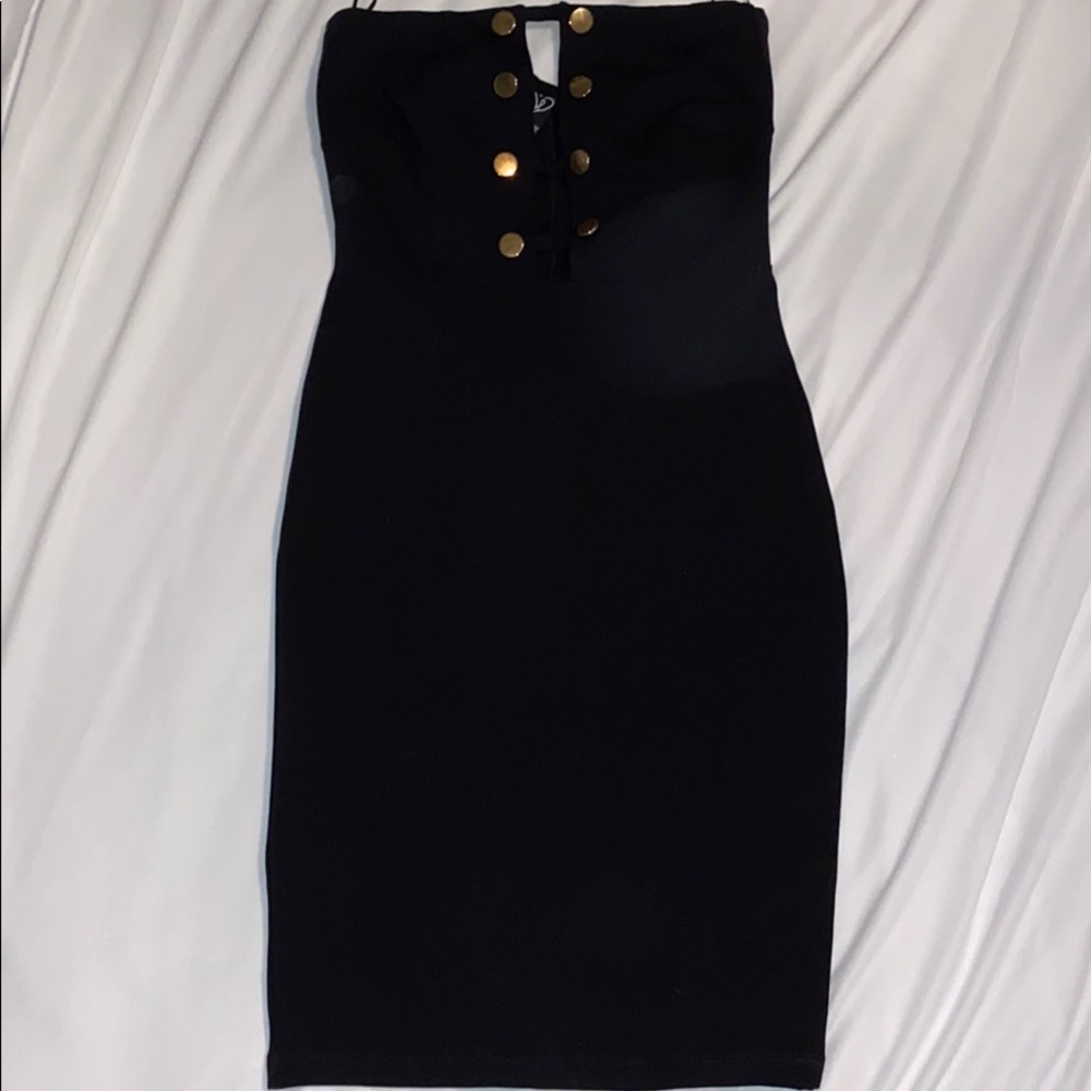 Black Gold Button Strapless Bodycon Dress